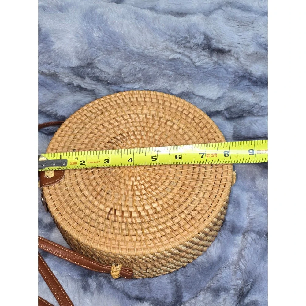 Handmade Round Rattan Crossbody Bag Floral Lining Woven Straw Boho Canteen Purse